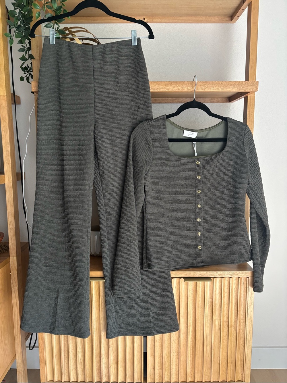Gilli Olive Textured Knit Two-Piece Set - Scoop Neck Button Top & Flare Pants - Picture 3 of 17